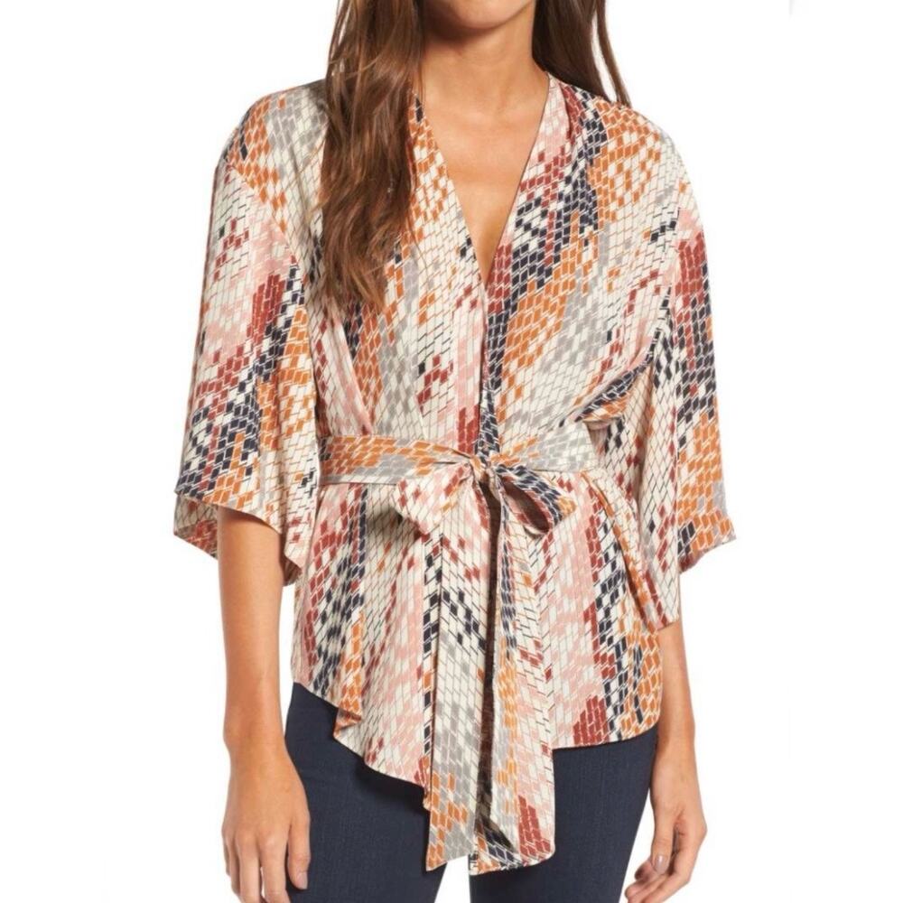 TROUVÉ | Wrap Blouse Belt Abstract Multi Colored Pixel Top Print Belted | Medium